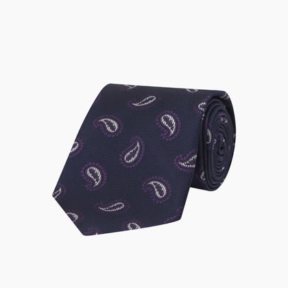 Navy and Plum Floating Paisley Silk Tie Image 4