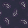 View 3 of product The Turnbull & Asser Navy and Plum Floating Paisley Silk Tie features a repeating purple and white paisley pattern, elegantly rolled up on a white background.