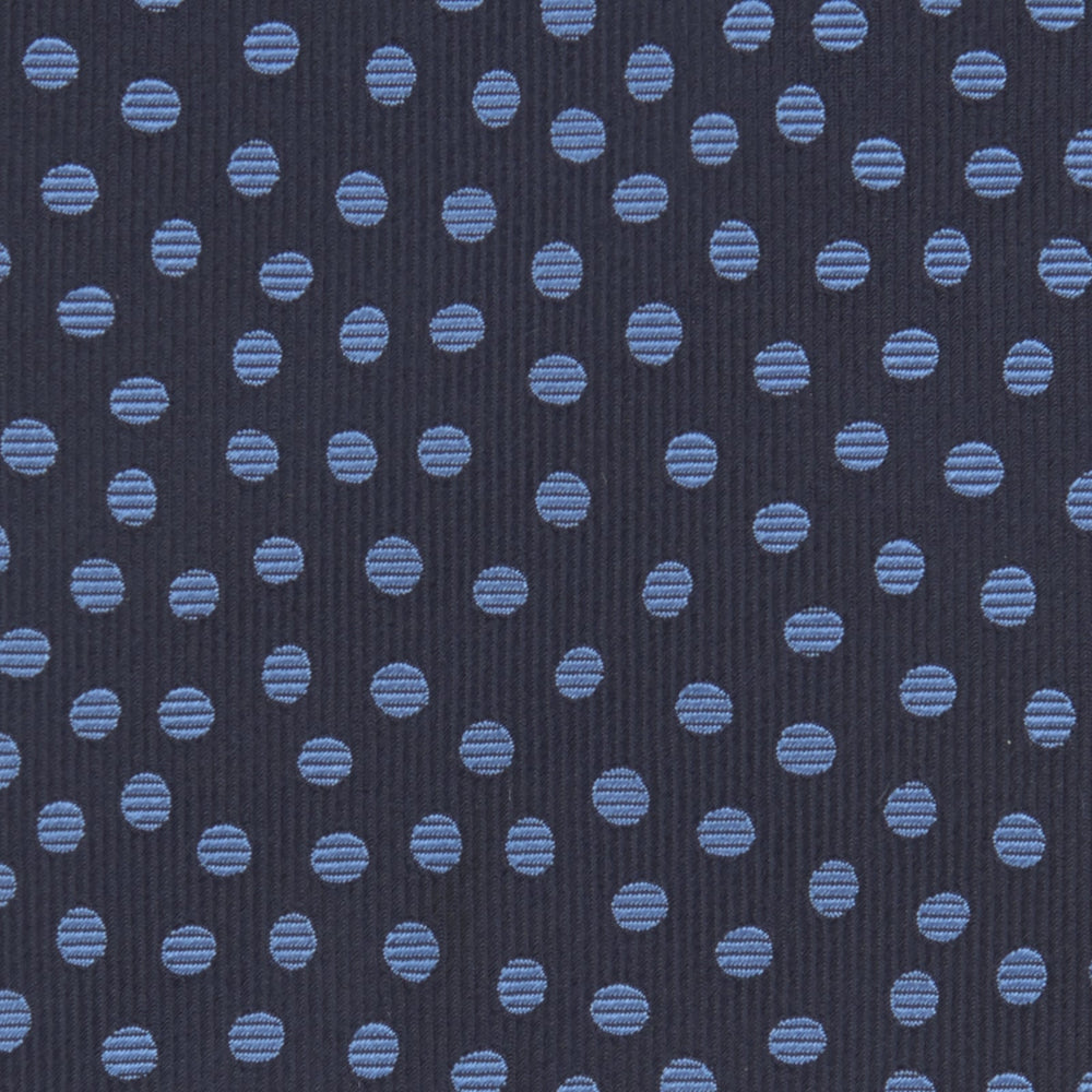 The Turnbull & Asser Navy and Blue Paint Spot Silk Tie features a classic dark navy design with evenly spaced light blue spots, ideal for office wear and shown on a plain white background.