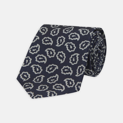 Navy and White Petal Paisley Silk Tie
