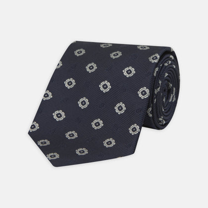 Navy and Silver Emblem Spot Silk Tie