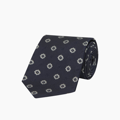 Navy and Silver Emblem Spot Silk Tie Image 4
