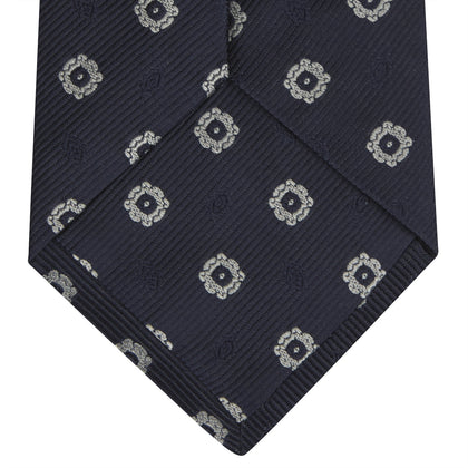 Navy and Silver Emblem Spot Silk Tie Image 3