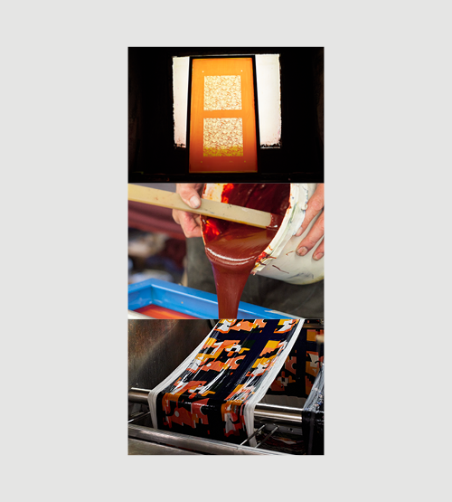 Three stacked images: a stencil frame with orange and yellow shapes, hands pouring red paint onto a screen, and a machine pressing fabric with a colorful abstract pattern.
