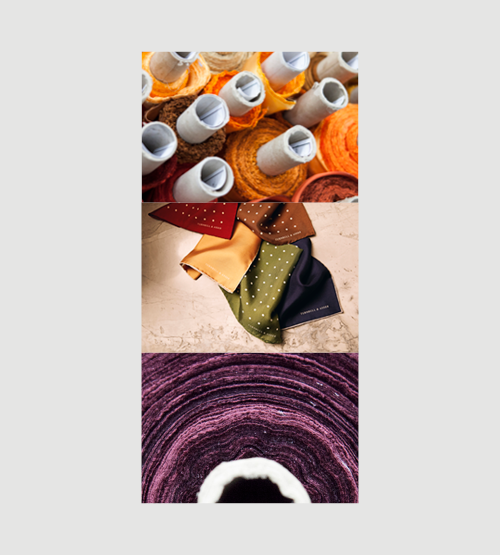 Three stacked images: top shows rolls of fabric in warm colors, middle displays neatly folded pocket squares in various hues, and bottom captures a close-up of a roll of purple fabric with a white core.