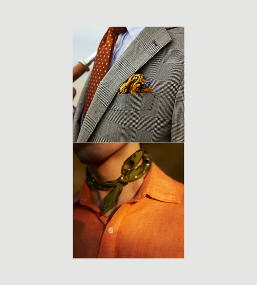 A split image showing two fashion styles: the top features a man in a grey plaid suit, orange polka dot tie, and yellow patterned pocket square; the bottom shows a man in an orange shirt with a green scarf tied around his neck.