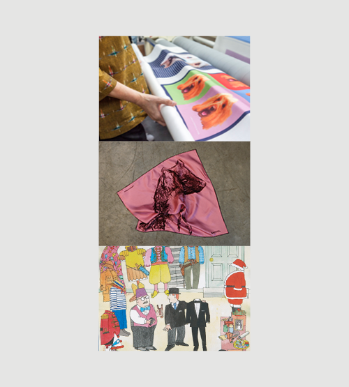 Three stacked images: a hand examines colorful art prints, a pink scarf with a black sketch lays on the ground, and an illustrated scene shows various people and outfits, including a Santa costume and formalwear.