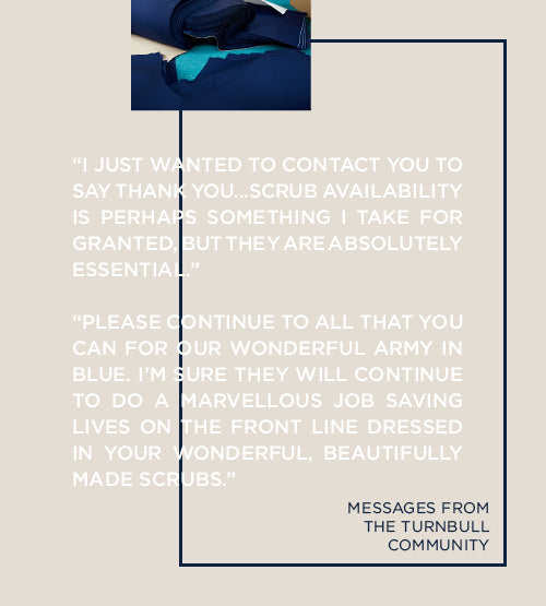 A folded set of blue medical scrubs above a text box with community appreciation messages for scrub makers, praising their essential contribution and quality scrubs for frontline workers.