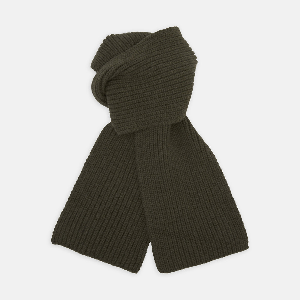 The Turnbull & Asser Khaki Green Knitted Cashmere Scarf is laid flat with one end looped through the other, showcasing its thick, cozy texture—an ideal winter accessory.