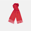 View 1 of product The Turnbull & Asser Red Pure Cashmere Scarf features hand-woven cashmere with fringed ends, elegantly folded against a plain white background for a classic Scottish look.