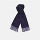 The Turnbull & Asser Navy Pure Cashmere Scarf, featuring fringed ends, is neatly folded and displayed on a plain white background—the perfect winter accessory.