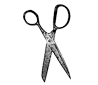 A black and white illustration of an open pair of scissors with two handles and pointed blades, positioned upright on a plain white background.