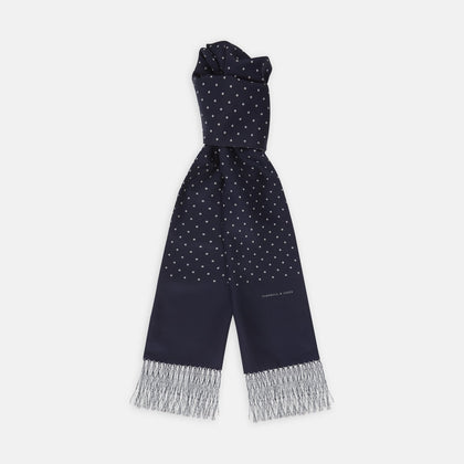 Navy and White Spotted Silk Scarf with Fringes