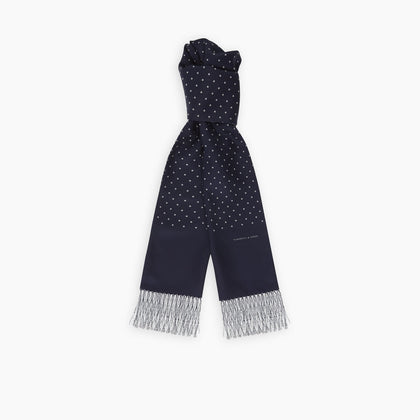 Navy and White Spotted Silk Scarf with Fringes Image 2