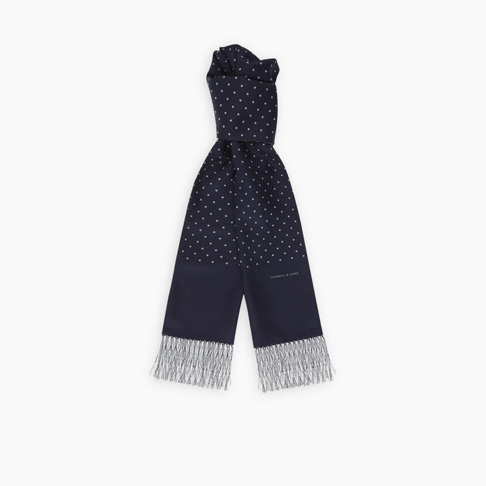 Navy and White Spotted Silk Scarf with Fringes Image 2