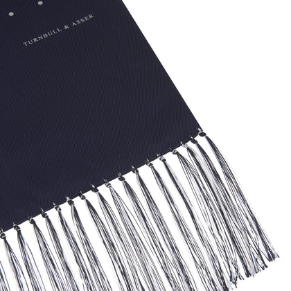 Navy and White Spotted Silk Scarf with Fringes Image 1