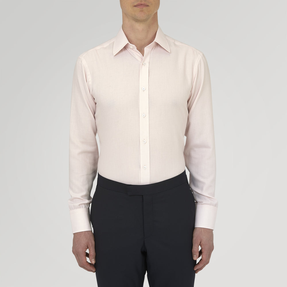 The Turnbull & Asser Pink Cashmere Blend Shirt features a T&A collar and 3-button cuffs, neatly folded with white buttons, displayed on a plain white background.