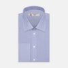 View 1 of product The Turnbull & Asser Blue End-on-End Cotton Shirt features a T&A collar, double cuffs, white buttons, and a chest pocket. Displayed neatly folded on a white background with the label visible at the neck—ideal for refined style.