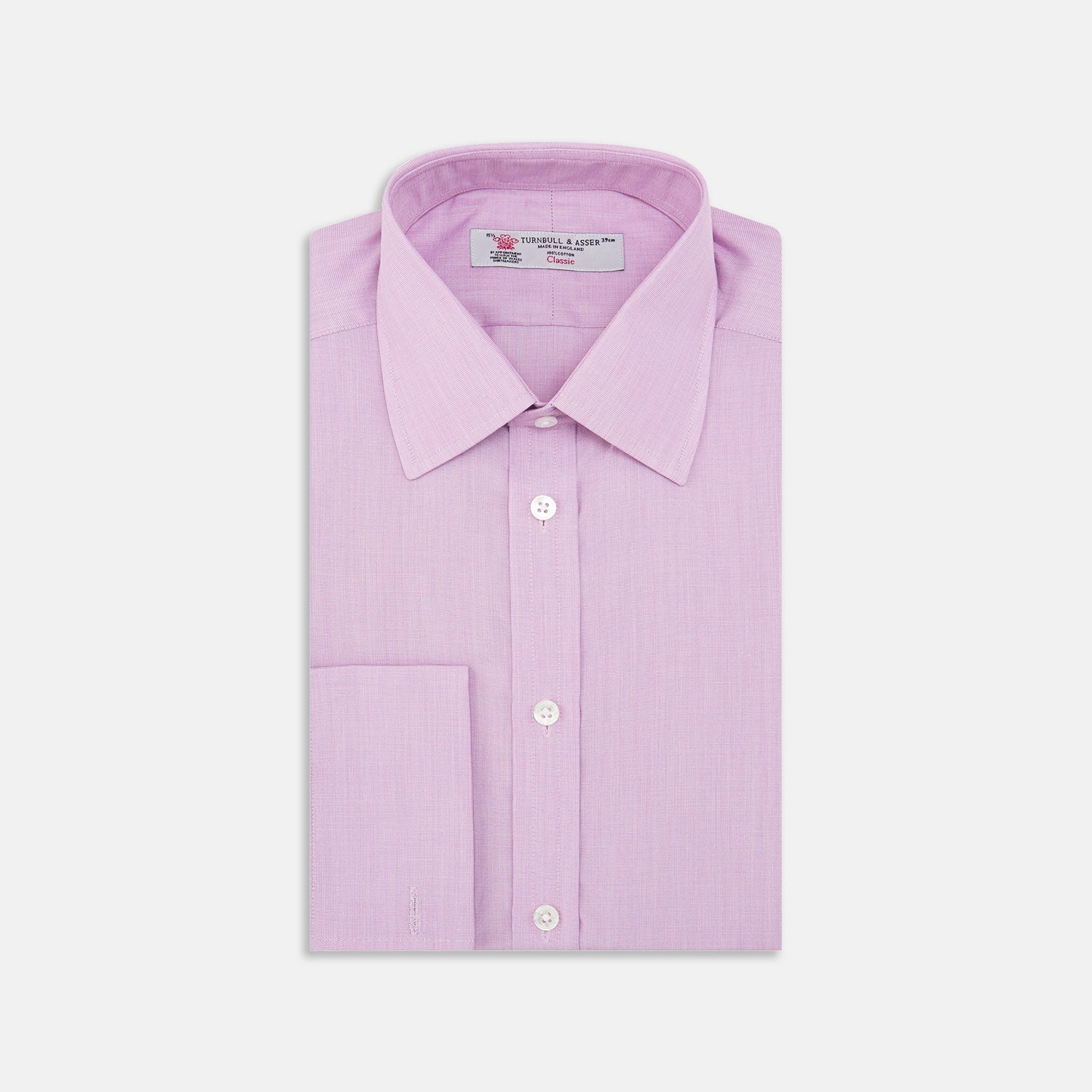 View 1 of product The Turnbull & Asser Lilac End-on-End Shirt features a T&A collar, double cuffs, and white buttons. Crafted from Italian two-tone cloth, this long-sleeved shirt is neatly folded and displayed on a plain white background.