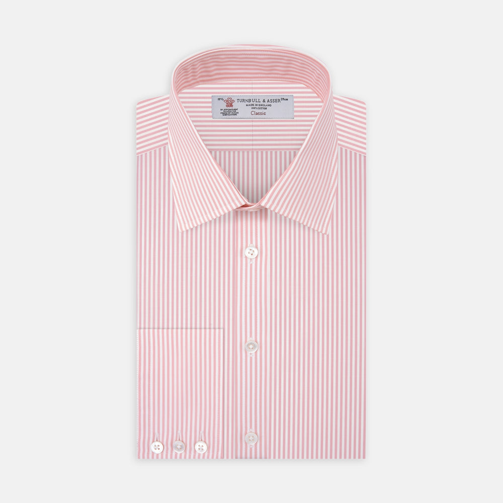 The Turnbull & Asser Pink Bengal Stripe Shirt with a T&A collar and 3-button cuffs is displayed against a white background.
