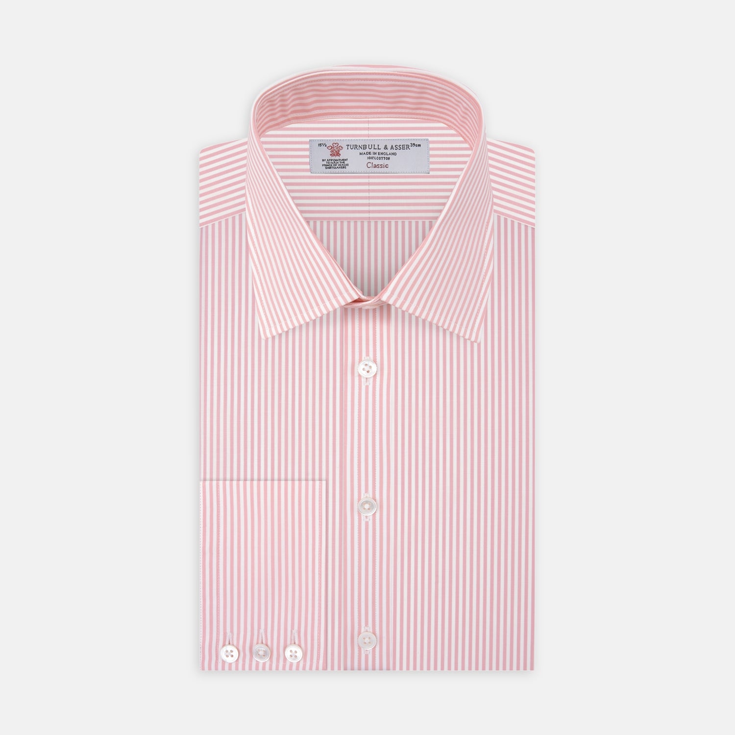 View 1 of product The Turnbull & Asser Pink Bengal Stripe Shirt with a T&A collar and 3-button cuffs is displayed against a white background.