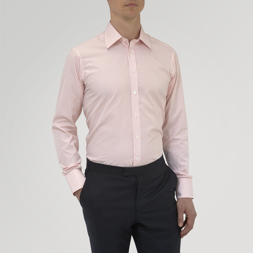 The Turnbull & Asser Pink Bengal Stripe Shirt with a T&A collar and 3-button cuffs is displayed against a white background.