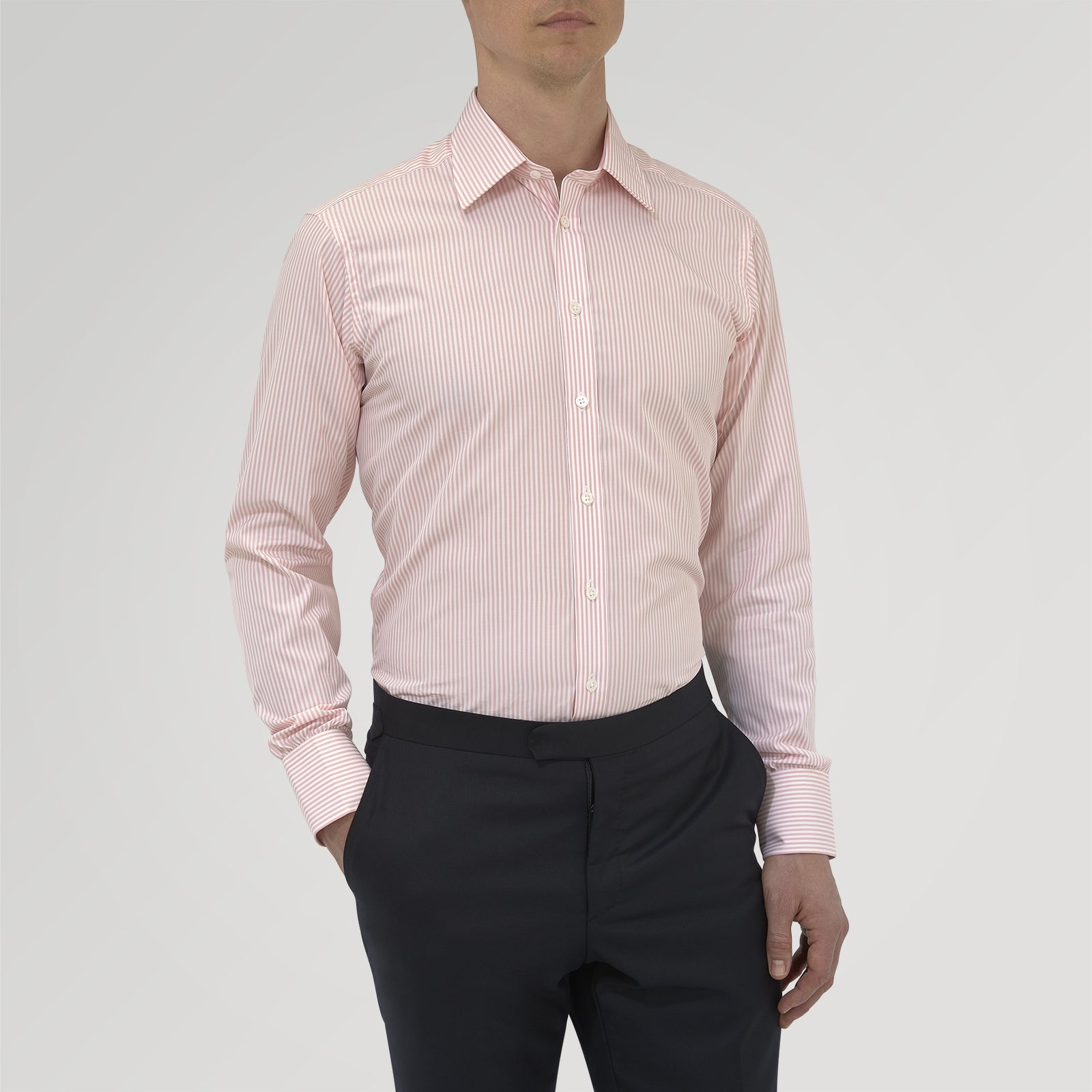 View 2 of product The Turnbull & Asser Pink Bengal Stripe Shirt with a T&A collar and 3-button cuffs is displayed against a white background.
