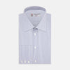 View 1 of product The Turnbull & Asser Blue and White Fine Stripe Shirt features a T&A collar, 3-button cuffs, and white buttons, shown neatly folded on a white background.