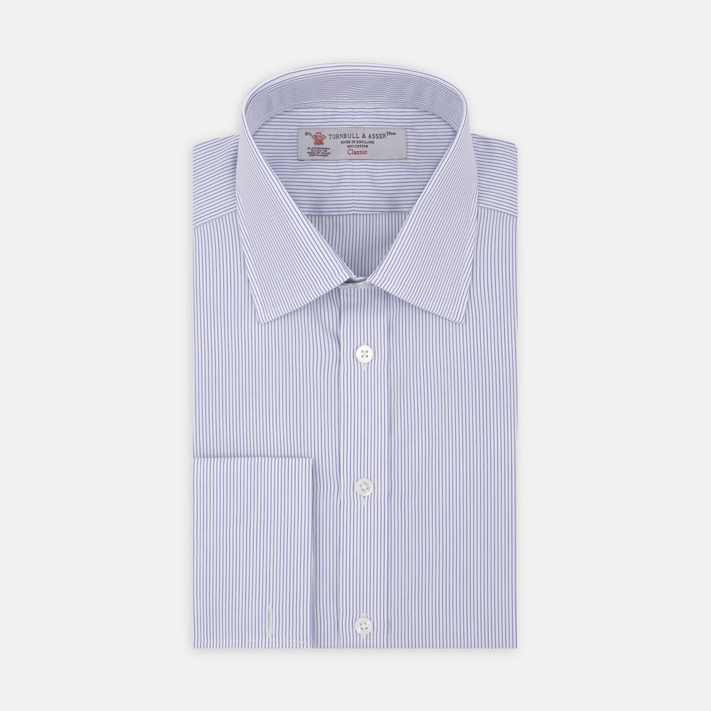 The Blue and White Fine Stripe Cotton Shirt by Turnbull & Asser features a T&A collar and double cuff, displayed neatly folded with white buttons against a plain white background.