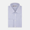 View 1 of product The Blue and White Fine Stripe Cotton Shirt by Turnbull & Asser features a T&A collar and double cuff, displayed neatly folded with white buttons against a plain white background.
