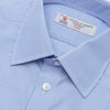 View 5 of product The Turnbull & Asser Blue Fine Bengal Stripe Shirt features a classic T&A collar, white buttons, and 3-button cuffs, displayed neatly folded against a plain white background.