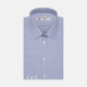 The Turnbull & Asser Blue Fine Bengal Stripe Shirt features a classic T&A collar, white buttons, and 3-button cuffs, displayed neatly folded against a plain white background.