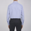 View 3 of product The Turnbull & Asser Blue Fine Bengal Stripe Shirt features a classic T&A collar, white buttons, and 3-button cuffs, displayed neatly folded against a plain white background.