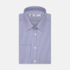 View 1 of product The Turnbull & Asser Blue Fine Bengal Stripe Shirt features a T&A collar, double cuffs, and white buttons, neatly folded and displayed against a plain white background.