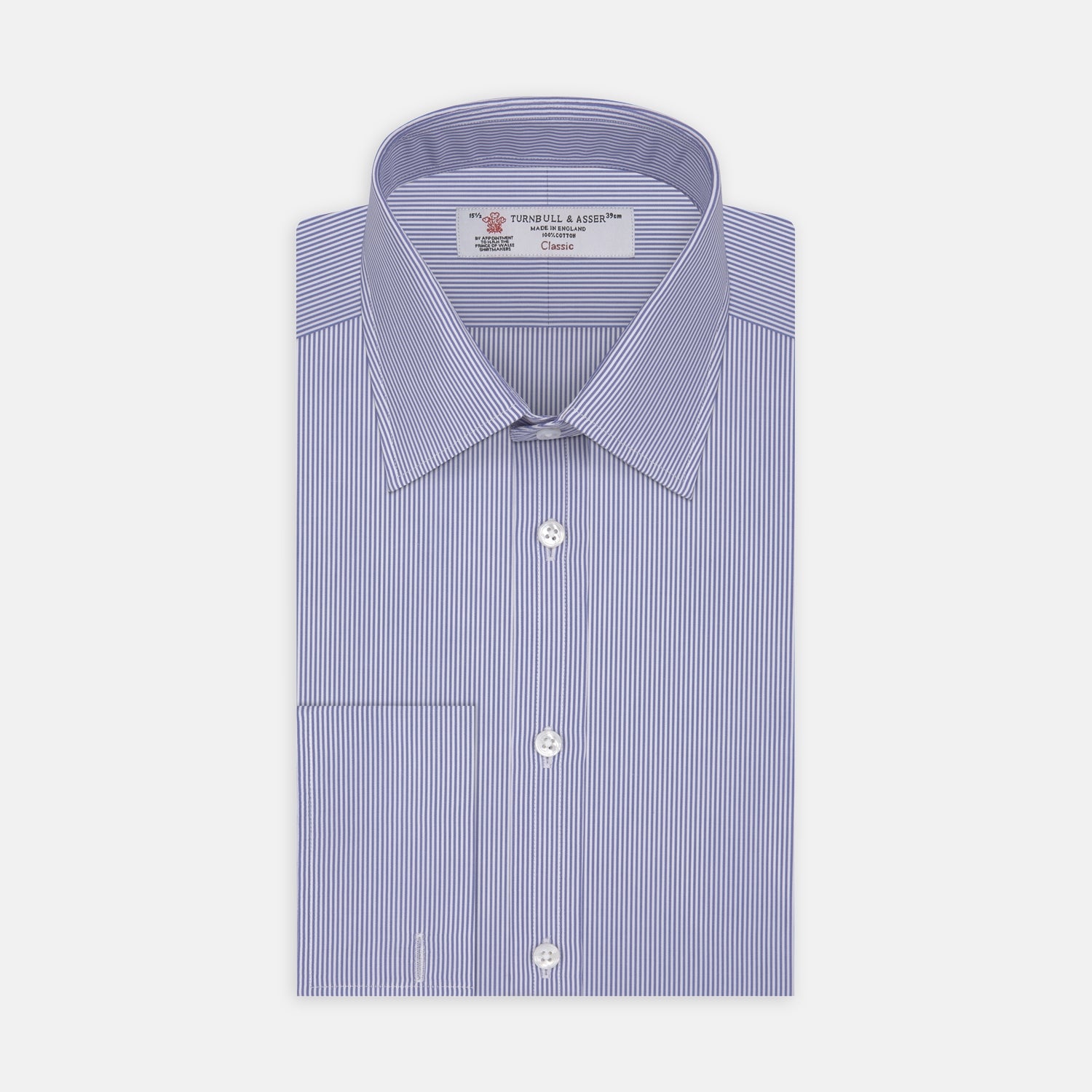 View 1 of product The Turnbull & Asser Blue Fine Bengal Stripe Shirt features a T&A collar, double cuffs, and white buttons, neatly folded and displayed against a plain white background.