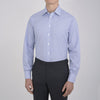 View 2 of product The Turnbull & Asser Blue Fine Bengal Stripe Shirt features a T&A collar, double cuffs, and white buttons, neatly folded and displayed against a plain white background.