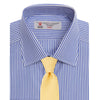 View 4 of product The Turnbull & Asser Blue Bengal Stripe Shirt features a T&A collar, double cuffs, and crisp white buttons. Made from cotton with blue and white bengal stripes, it’s neatly folded and displayed on a white background.