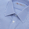 View 5 of product The Turnbull & Asser Blue Bengal Stripe Shirt features a T&A collar, double cuffs, and crisp white buttons. Made from cotton with blue and white bengal stripes, it’s neatly folded and displayed on a white background.
