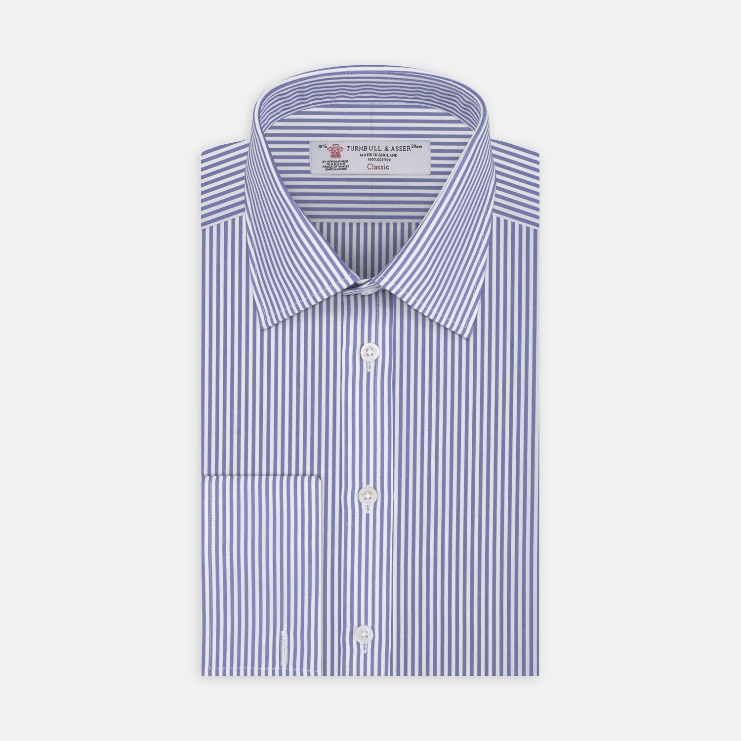 View 1 of product The Turnbull & Asser Blue Bengal Stripe Shirt features a T&A collar, double cuffs, and crisp white buttons. Made from cotton with blue and white bengal stripes, it’s neatly folded and displayed on a white background.
