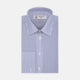 The Turnbull & Asser Blue Bengal Stripe Shirt features a T&A collar, double cuffs, and crisp white buttons. Made from cotton with blue and white bengal stripes, it’s neatly folded and displayed on a white background.