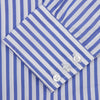 View 5 of product The Turnbull & Asser Blue and White Candy Stripe Shirt features a T&A collar, 3-button cuffs, and crisp white buttons, displayed neatly folded against a white background for a classic look.