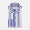 View 1 of product The Turnbull & Asser Blue and White Candy Stripe Shirt features a T&A collar, 3-button cuffs, and crisp white buttons, displayed neatly folded against a white background for a classic look.