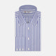 The Turnbull & Asser Blue and White Candy Stripe Shirt features a T&A collar, 3-button cuffs, and crisp white buttons, displayed neatly folded against a white background for a classic look.