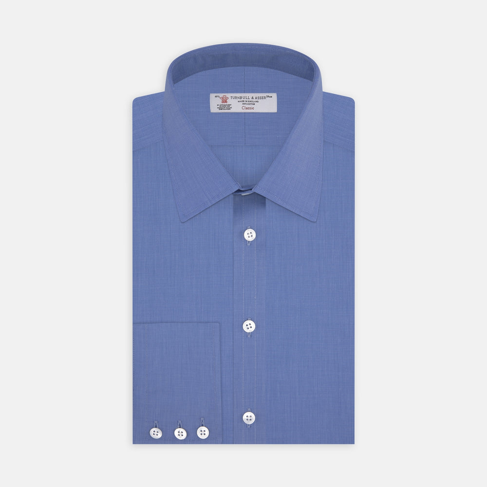 The Turnbull & Asser Dark Blue End-On-End Shirt features a T&A collar and 3-button cuffs, displayed neatly folded on a white background. Ideal for pairing with a navy suit, the label inside the collar is visible.