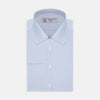View 1 of product The Turnbull & Asser Light Blue Bengal Stripe Shirt features a T&A collar, double cuffs, and white buttons, offering British flair in blue and white stripes against a plain background.