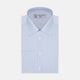The Turnbull & Asser Light Blue Bengal Stripe Shirt features a T&A collar, double cuffs, and white buttons, offering British flair in blue and white stripes against a plain background.