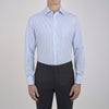 View 2 of product The Turnbull & Asser Light Blue Bengal Stripe Shirt features a T&A collar, double cuffs, and white buttons, offering British flair in blue and white stripes against a plain background.