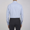 View 3 of product The Turnbull & Asser Light Blue Bengal Stripe Shirt features a T&A collar, double cuffs, and white buttons, offering British flair in blue and white stripes against a plain background.