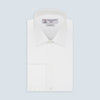 View 1 of product The Turnbull & Asser Two-Fold 120 White Shirt features a T&A collar and 3-button cuffs—an everyday essential, displayed against a light blue background.