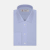 View 1 of product The Turnbull & Asser Two-Fold 200 Blue Cotton Shirt features a T&A collar, double cuffs, white buttons, and a visible label inside the collar, displayed neatly folded on a plain white background for superior breathability.
